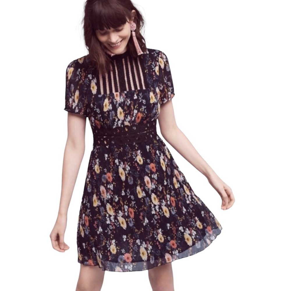 Foxiedox Anthropologie Andora Floral Dress Navy Blue w/ Lace Size XS Women's